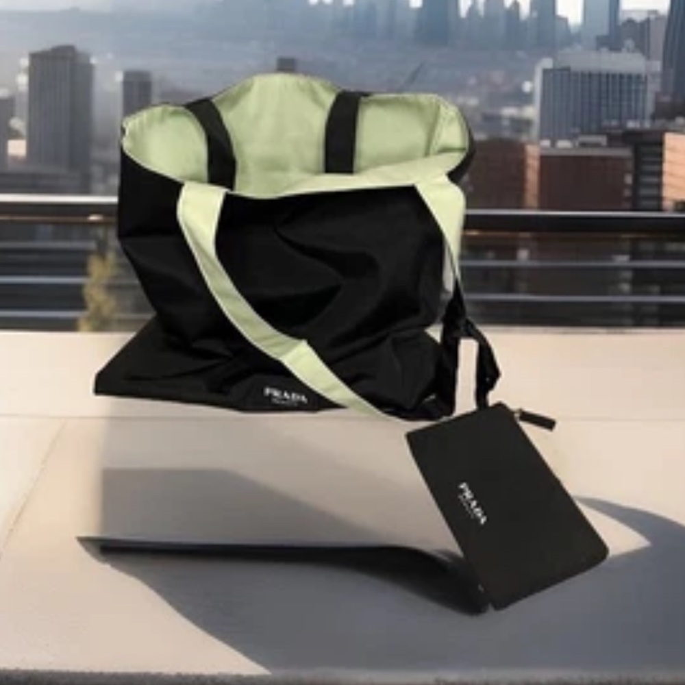 NEW Prada Beauty Reversible Large Tote Mint Green Black Nylon Tote Bag + Pouch - Picture 4 of 11